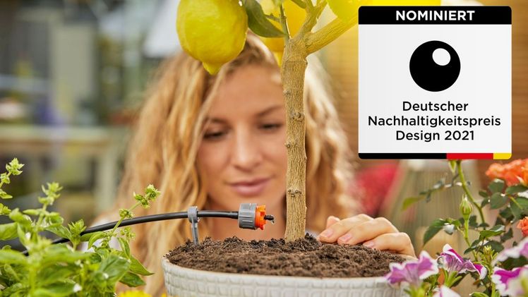 Das GARDENA Micro-Drip-System ist als effiziente Bewässerungslösung für den Deutschen Nachhaltigkeitspreis Design 2021 nominiert. Diese Nominierung bestätigt laut Ausrichter „die besondere Designqualität und die nachhaltige Wirkung der Lösung". Bild: © GARDENA. 