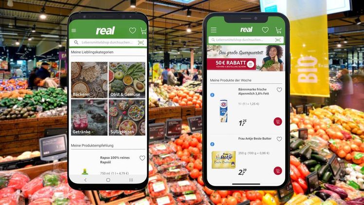 Die neue real Lebensmittelshop-App. Immer und von überall bequem Lebensmittel einkaufen.  Bild: obs/real GmbH.