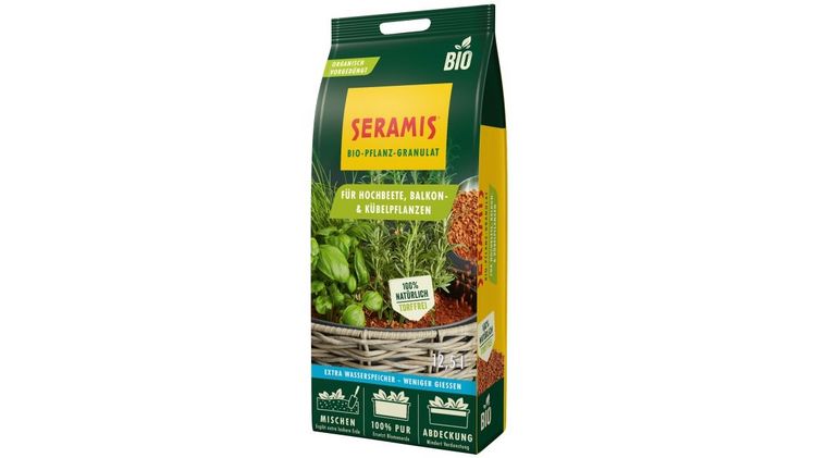 Wasserspeicherndes Bio-Substrat: Bio-Pflanz-Granulat für Hochbeete, Balkon- & Kübelpflanzen. Bild: Seramis.