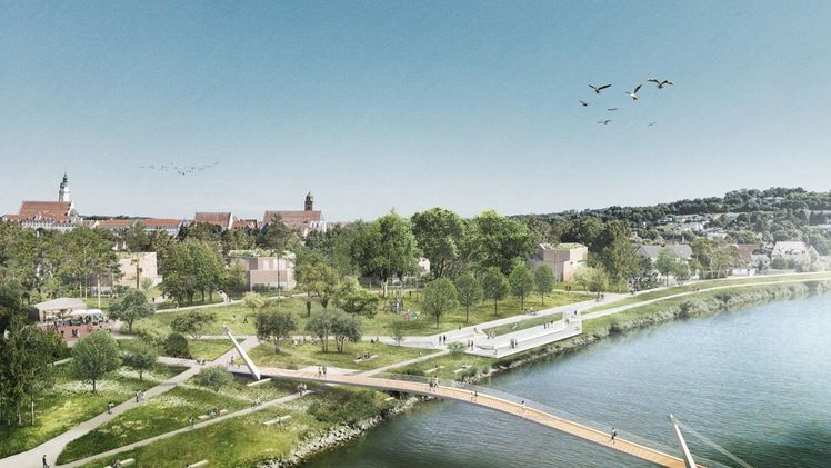 Blick aus Vogelperspektive auf den neuen Donaupark und die neue Brücke über die Donau. Bild: Büro GDLA I gornik denkel landschaftsarchitektur 