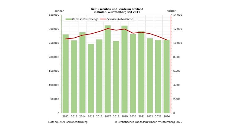Gemüseanbau und -ernte im Freiland in Baden-Württemberg seit 2012. Grafik: © Statistisches Landesamt Baden-Württemberg.