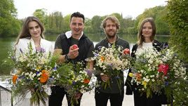 Start des einzigartigen Gesellschaftsprojektes BioBienenApfel in München mit den Botschaftern Lisa-Marie Schiffner, Andreas Gabalier, Sebastian Vettel und Charlott Cordes (v.l.). Bild: BioBienenApfel/ Jörg Mitter.