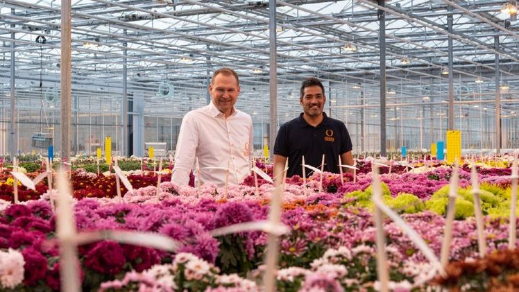 Jeroen Meeder, Sales Manager Benelux Annuals & Perennials (links) und Hugo Gonzales Dupuy, Breeder Pot and Garden Mum. Bild: Dümmen Orange.