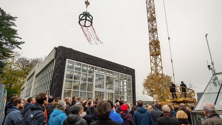 Weithin sichtbar: Die Richtkrone hängt als Glückssymbol über der neuen Gewächshausanlage. Foto: Katrina Friese.