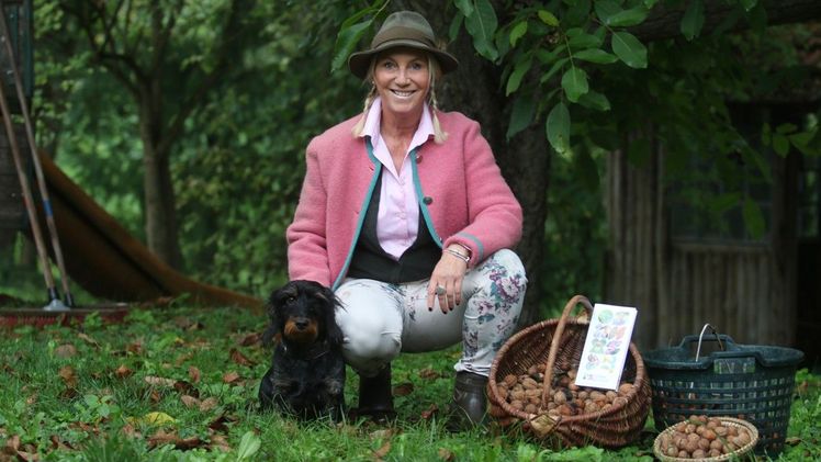 Bärbel Wern koordiniert für die Landesgartenschau das Projekt NussEcken und auch das Ehrenamt. Rauhaardackelhündin Thea hilft bei der Walnussernte. Bild: Landesgartenschau Oberhessen 2027 gGmbH.