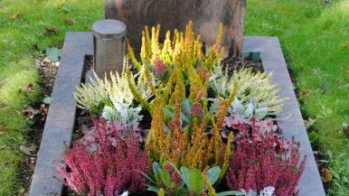 Eine gute Grabgestaltung zeichnet sich auch dadurch aus, dass die Bepflanzung farblich mit  dem Grabmal harmoniert. Bild: TBF.