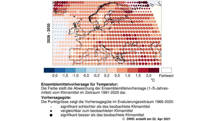 Dekadische Klimavorhersage für die Temperatur in Europa von 2026 bis 2030. Bild: DWD.