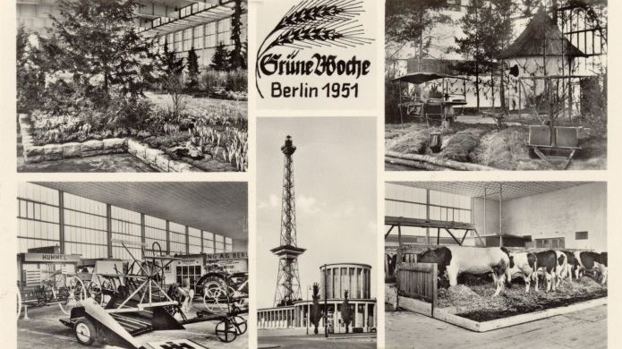 1951, Erinnerungskarte von der Grünen Woche Berlin. Zu sehen sind einige Attraktionen der Ausstellung, die mit 284 000 Besuchern einen Nachkriegsrekord vermelden kann, wie die Baumhalle, deren Setzlinge später in den Sommergarten ausgepflanzt wurden. Bild: Messe Berlin.