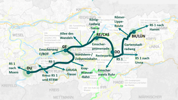 Der "IGA-Radweg" verläuft zum Teil auf vorhandenen oder noch bis 2027 zu realisierenden Radwegen, manche der genannten Lückenschlüsse sind darin eingebunden.  Bild: IGA Metropole Ruhr 2027.