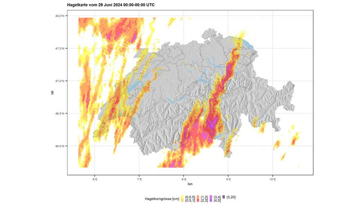 Hagelkarte vom 29.06.2024. Bild: Schweizer Hagel.