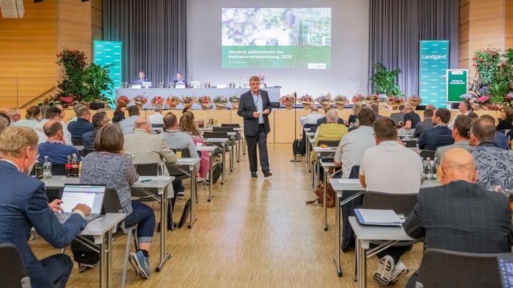 Bert Schmitz (im Vordergrund, Aufsichtsratsvorsitzender Landgard eG), auf dem Podium dahinter v. l. Christoph Klöpper und Moritz Krannich (beide Vorstand Landgard eG) und Dirk Schwichtenberg (stellv. Aufsichtsratsvorsitzender). Bild: Landgard.