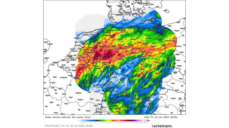 Niederschlagssummen in 24 Stunden. Bild: Kachelmannwetter.
