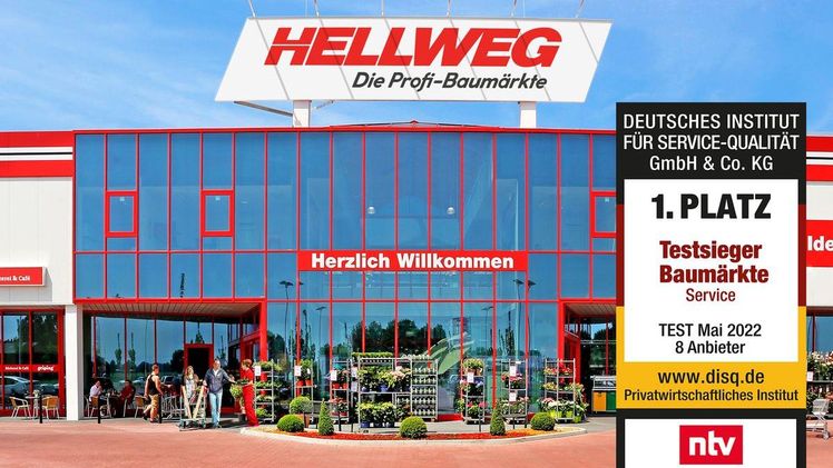Servicebester Baumarkt 2022: HELLWEG. Die Profi-Baumärkte ist Testsieger in der aktuellen Baumarkt-Servicestudie vom Deutschen Institut für Service-Qualität. Bild: HELLWEG.