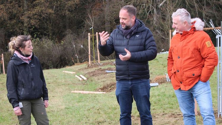Oberbürgermeister Tobias Eschenbacher (m.) ist aktiv mit dabei bei der Pflanzung der Streuobstwiese. Bild: Anna Schneider / HSWT.