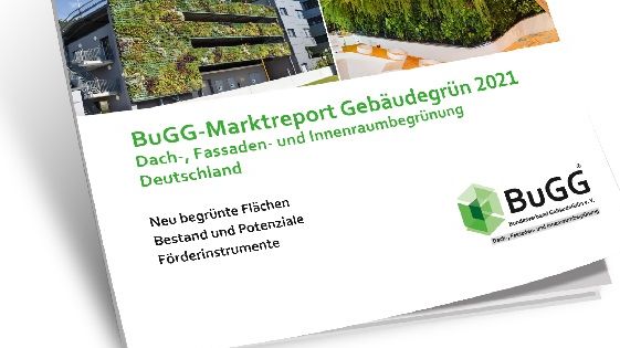 Der BuGG-Marktreport Gebäudegrün 2021 umfasst 116 Seiten und ist mit vielen Grafiken, Fotos und Tabellen anschaulich gestaltet. Bild: BuGG.