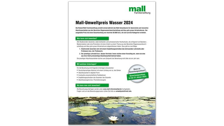 Mit Arbeiten aus den Bereichen Regenwasserbewirtschaftung und blau-grün-graue Infrastrukturen können sich Studierende für den Umweltpreis Wasser der Roland Mall-Familienstiftung bewerben. Bild: Mall.