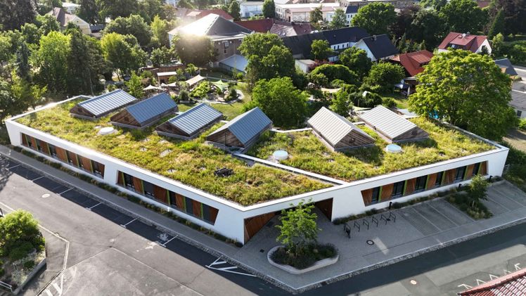 Blick von oben auf das üppige Biodiversitätsgründach. Bild: HEIDEL Dachbegrünung GmbH.