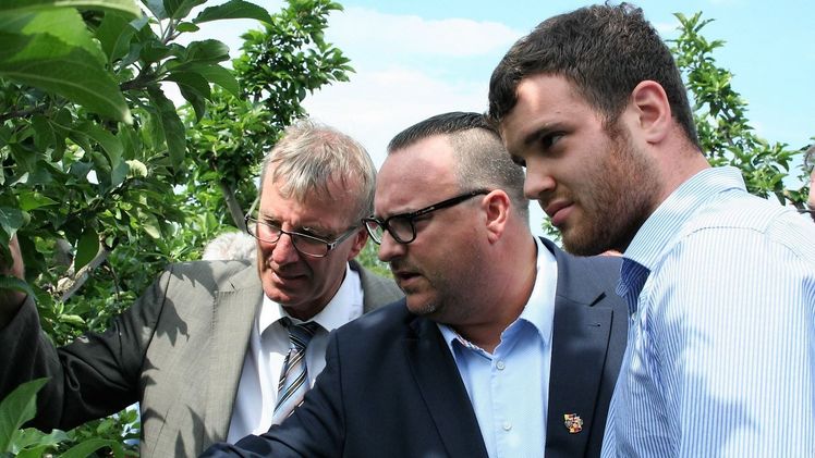Stefan Müller (rechts) erläutert Staatsekretär Andy Becht und Präsident Michael Horper das Ausmaß der Frostschäden für seinen Betrieb.
