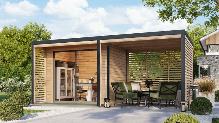 Home-Office und/oder gemütlicher Sitzplatz – bei dem neuen Hybrid-Gartenhaus 'Saturn' von Karibu geht beides. Foto: Karibu.