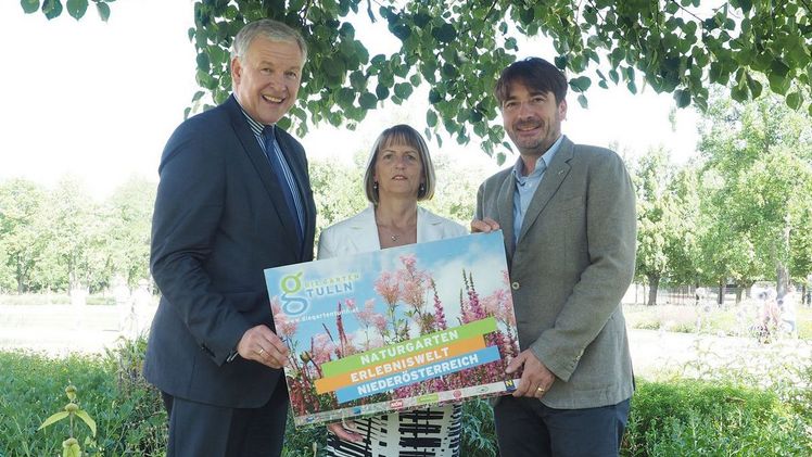 Landesrat Martin Eichtinger, Landesgartenschau Burg Geschäftsführerin Sonnhild Noack und DIE GARTEN TULLN Geschäftsführer Franz Gruber. Bild: DIE GARTEN TULLN.