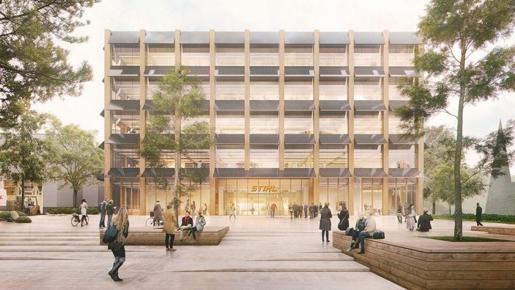 Der begrünte Vorplatz und eine innovative Holz-Hybridkonstruktion zeichnen den Entwurf aus. Bild: wulf architekten /Visualisierung: Aron Lorincz Ateliers. 