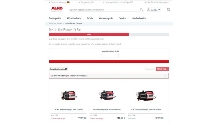 Die neue Produktberater-Funktion leitet Kunden zielgenau zum idealen AL-KO oder solo® by AL-KO Gartengerät. Bild: AL-KO Gardentech.