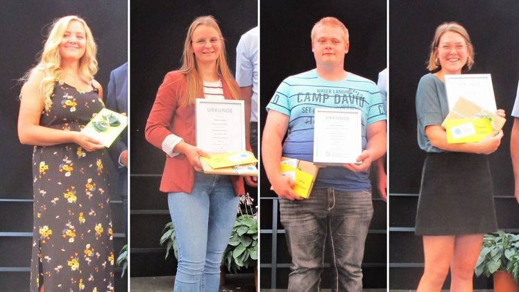 Die Prüfungsbesten (von links): Eyleen Kruse (Fachrichtung: Baumschule), Tabea Janßen (Zierpflanzenbau), Lukas Hürkamp (Gemüsebau) und Johanna Nielen (Staudengärtnerei). Bild: Heiko Ahlrichs/LWK Niedersachsen.