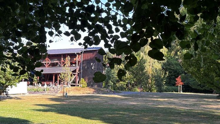 Aus dem Schatten der Bäume heraustretend, kann der Besucher der Landesgartenschau Oberhessen bei einer Runde durchs Gradierwerk eine frische Brise genießen. Bild: Lenz/LGS Oberhessen.