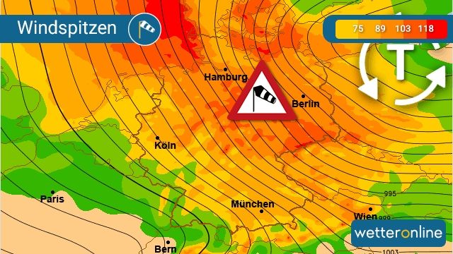 Die Berechnung des europäischen Wetterdienstes sieht den Höhepunkt des Sturms am Sonntagmorgen mit regional orkanartigen Böen (ab 103 Stundenkilometer) über der Nordosthälfte. Foto: WetterOnline.