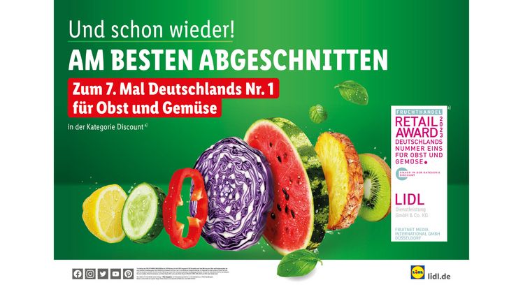 Deutschlands Nr. 1 für Obst und Gemüse: Lidl schneidet zum 7. Mal beim „Fruchthandel Magazin Retail Award“ in der Kategorie „Discount“ am besten ab. Bild: Lidl.