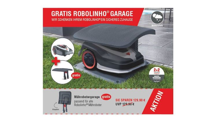 Beim Kauf eines Robolinhos® im Aktionszeitraum 01.08.-31.10.2023 bekommen Kunden nach der Online-Registrierung eine Robolinho® Garage von AL-KO gratis zugesandt. Bild: AL-KO.
