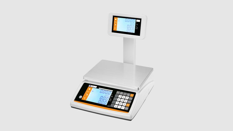 Ladenwaage mit kundenfreundlicher, großer LCD-Anzeige auf der Waagenrückseite –  optional als Hochanzeige auf einem Stativ (Foto) oder als Pultanzeige konfigurierbar. Bild: DEW.