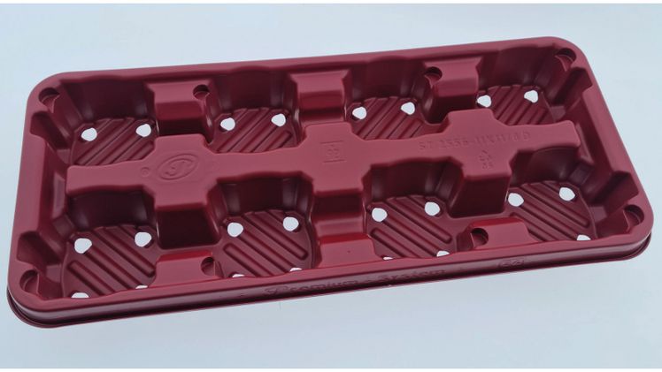 Die im materialsparenden Tiefziehverfahren produzierten Mehrwegtrays decken das gesamte Spektrum der Topfgrößen 8 bis 13 Zentimeter ab. Bild: Plettig.