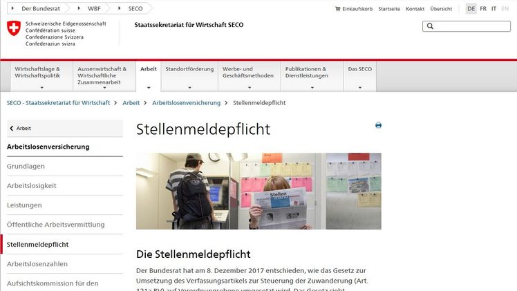 Bildschirmabbildung: Der Schweizer Bund führt für einzelne Berufsarten eine Stellenmeldepflicht ein. 