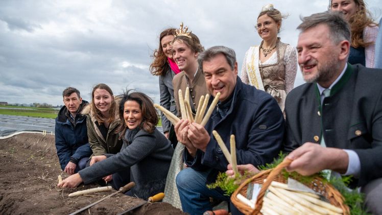 Eröffnung der Spargelsaison mit Ministerpräsident Dr. Markus Söder (2.v.r.) und Ministerin Michaela Kaniber (3.v.l.). Foto: Judith Schmidhuber / StMELF.