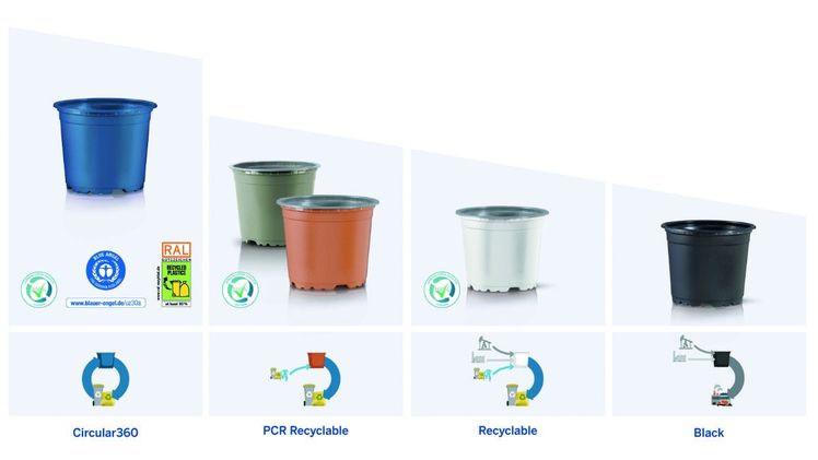 4-Stufen-Modell für Pflanztöpfe von Pöppelmann TEKU®: Mehr Transparenz hinsichtlich der Herkunft des eingesetzten Materials und der Recyclingfähigkeit. Grafik: Pöppelmann.