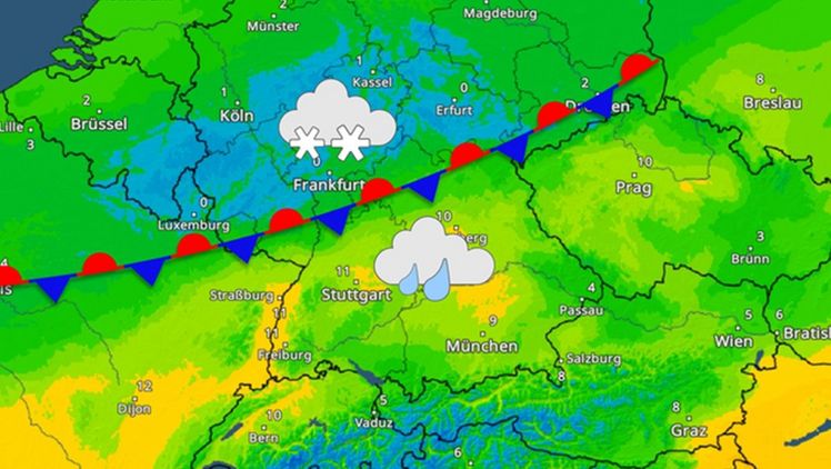Das TemperaturRadar zeigt die großen Unterschiede entlang der Luftmassengrenze am Donnerstag. Quelle: WetterOnline.