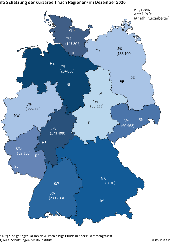 Kurzarbeit in Dezember nach Regionen. Grafik: ifo Institut. Kurzarbeit in Dezember nach Regionen. Grafik: ifo Institut.