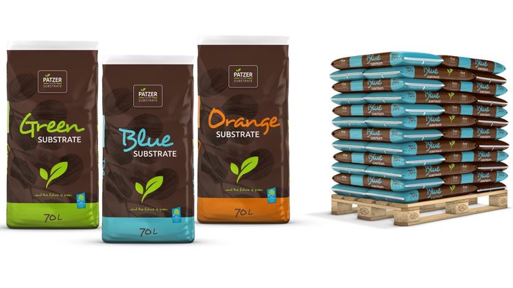 PATZER SUBSTRATE enthalten Mischungen mit mindestens 50 Prozent Torfersatz (Blue), vegan aufgedüngte, FiBL-gelistete Kultursubstrate für den Bioanbau (Green) und torf- bzw. holzfaserbasierte Substrate (Orange). Bild: PATZER SUBSTRATE.