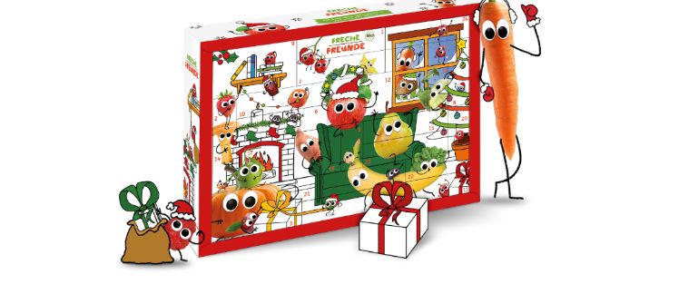 Freche Freunde Adventskalender 2021 mit Obst und Gemüse statt Schokolade. Bild: erdbär.