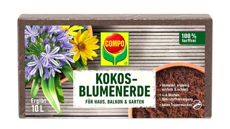 10 Liter Blumenerde aus einem kompakten Kokos-Brikett. Bild: © COMPO GmbH.