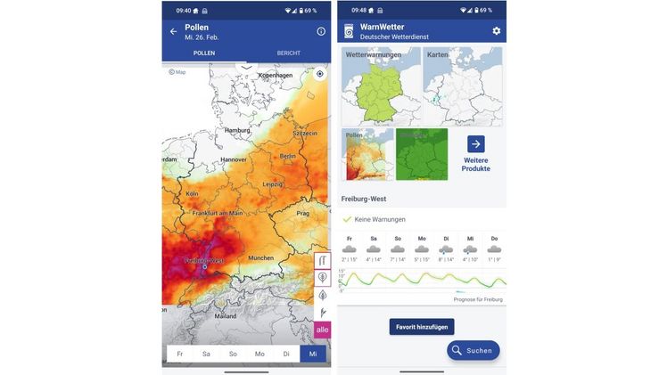 Allergiker finden in der Warnwetter-App jetzt auch Pollenflugvorhersagen. Bild: DWD.