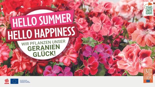 Die Werbemittel mit dem Slogan „Hello Summer. Hello Happiness. Wir pflanzen unser Geranienglück“ können ab sofort bestellt werden. Bild: PfE. Die Werbemittel mit dem Slogan „Hello Summer. Hello Happiness. Wir pflanzen unser Geranienglück“ können ab sofort bestellt werden. Bild: PfE.