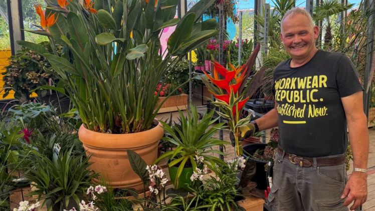 Bert von der Forst beim Aufbau seiner exotischen Blumenschau "Fernweh & Besonderheiten". Bild: © LAGA Neuss 2026_Monika Steuten. 