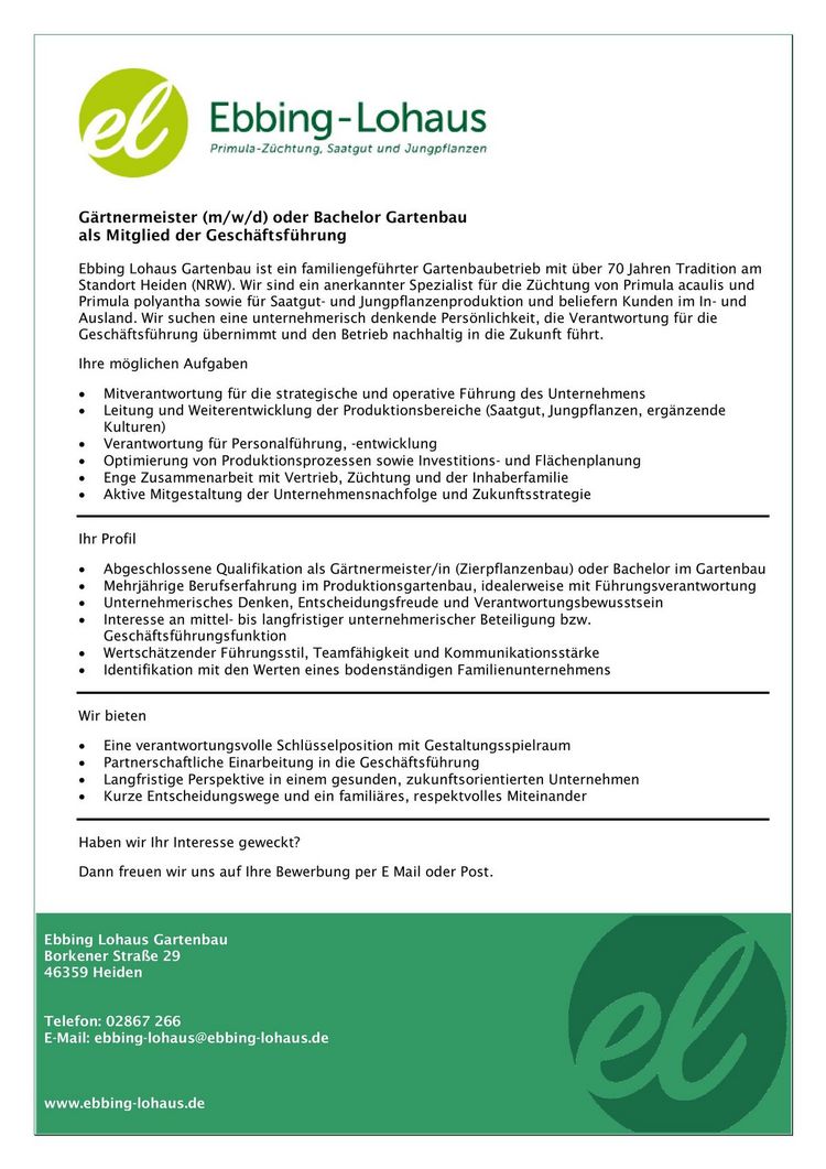 Gärtnermeister (m/w/d) oder Bachelor Gartenbau als Mitglied der Geschäftsführung