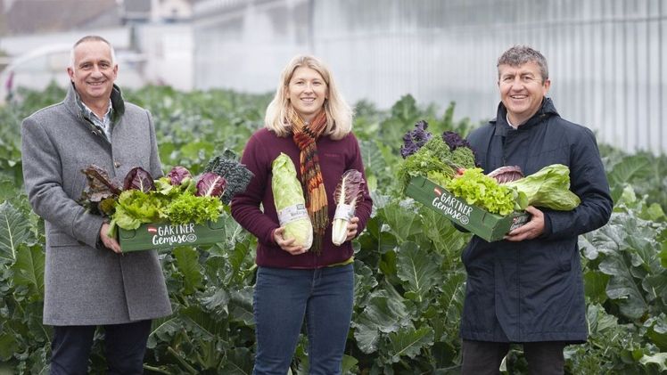 Ing. Josef Peck, MBA, LGV Gemüsegärtnerin Marianne Ganger und  LGV Gemüsegärtner Karl Herret zeigen diverse Wintergemüsesorten. Bild: OTS. 