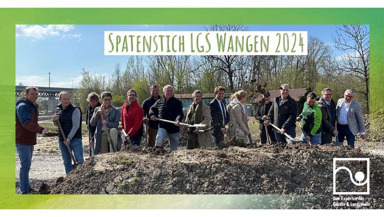 OB Michael Lang, GF Reiner Bierig (VGL-BW), Vorstandsvorsitzende Uschi App und die GF der LGS Wangen 2024 Karl-Eugen Ebertshäuser und Edith Heppeler beim Spatenstich. Bild: VGL-BW