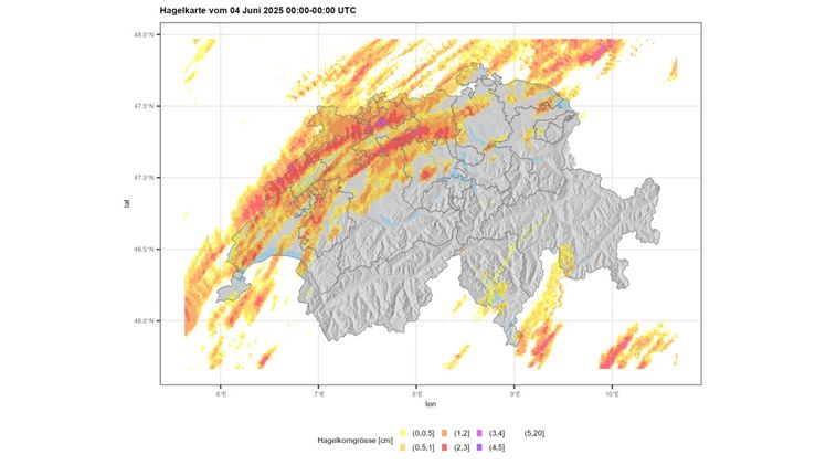 Hagelkarte vom 4. Juni 2025. Bild: Schweizer Hagel.