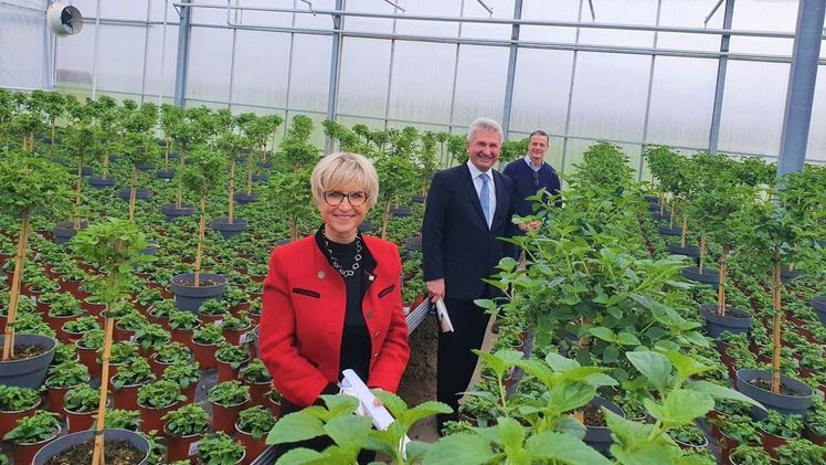 NRW-Wirtschaftsminister Andreas Pinkwart (Mitte) im Gespräch mit Gartenbauunternehmer Frank Werner (re.) und  Eva Kähler-Theuerkauf, Präsidentin Landesverband Gartenbau NRW. Bild: Gartenbau NRW.