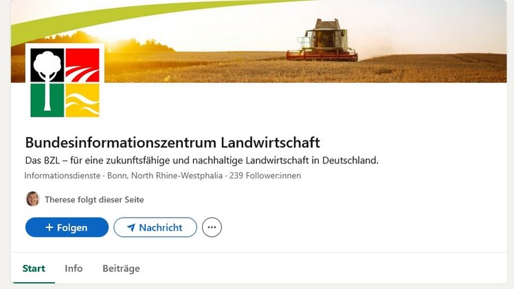 Der BZL-LinkedIn Kanal ergänzt gemeinsam mit dem Kanal des Bundeszentrums für Ernährung (BZfE) den Auftritt der Bundesanstalt für Landwirtschaft und Ernährung (BLE) auf LinkedIn. 